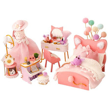 Load image into Gallery viewer, DIY dollhouse kit, wood construction detail, LED lights illuminated
