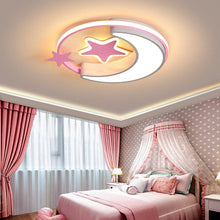 Load image into Gallery viewer, Moon & star LED ceiling light in pink, girls bedroom, installed view