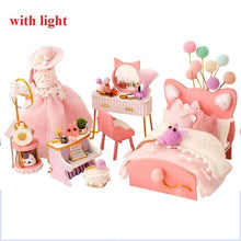 Load image into Gallery viewer, DIY miniature dollhouse, completed build, front view with lights on