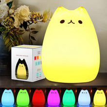 Load image into Gallery viewer, Silicone LED night light for kids, cat design, glowing pink, bedside