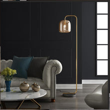 Load image into Gallery viewer, Pitalito floor lamp Model B with smoky grey stained glass shade illuminated