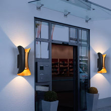 Load image into Gallery viewer, Orizaba art deco outdoor LED wall light in black aluminium, hourglass shape, front view