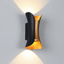 Load image into Gallery viewer, Orizaba outdoor wall light, white and gold finish variant, illuminated at night