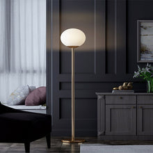 Load image into Gallery viewer, Ocaña contemporary LED floor lamp in brass finish, full height front view
