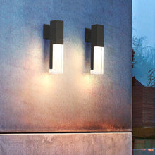 Load image into Gallery viewer, Iguala double head outdoor LED wall light, black finish, illuminated at night
