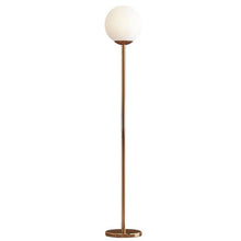 Load image into Gallery viewer, Ocaña floor lamp frosted glass shade detail, warm ambient light in bedroom
