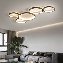Load image into Gallery viewer, Novas multi-ring LED ceiling pendant in black, remote dimmable, front view
